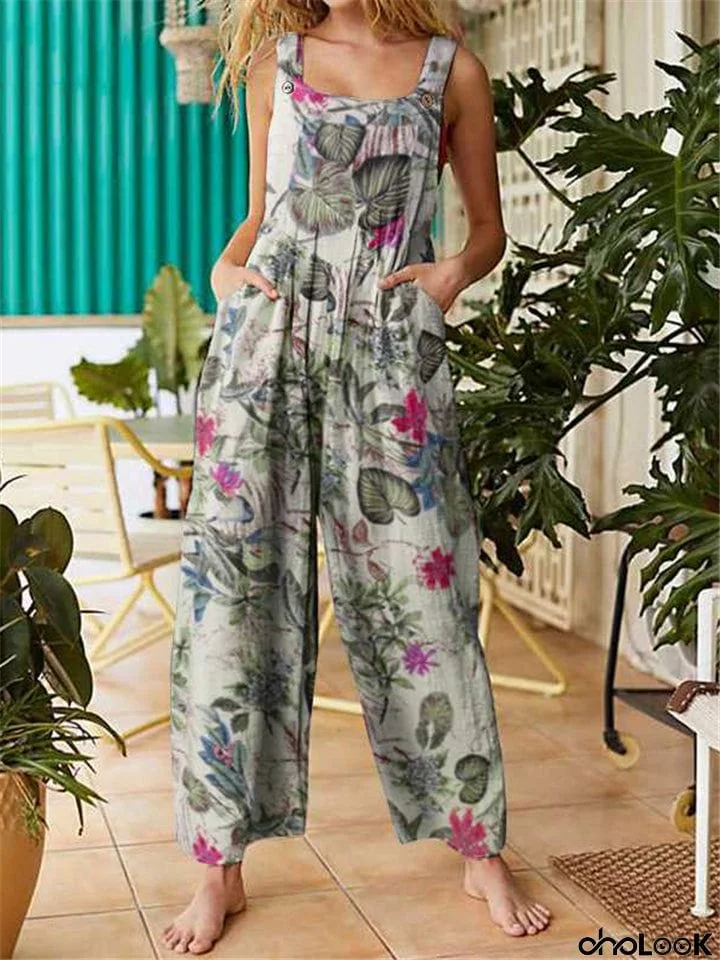 On-Trendy Square Neck All-Over Floral Print Sleeveless Pocket Pleated Overalls