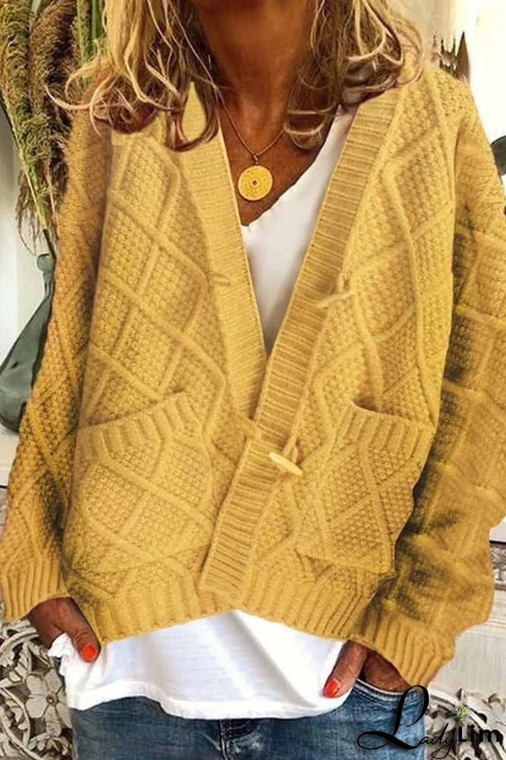 Solid Ribbed Horn Buckle Pockets Cardigan
