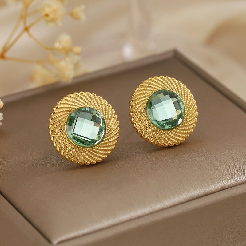 1 Pair Classical French Style Artistic Round Inlay 304 Stainless Steel Turquoise Ear Studs