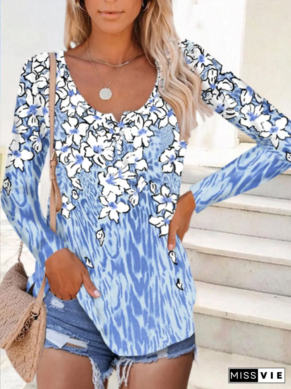 Blue Floral Printed Buttoned Shift Long Sleeve Casual Tops