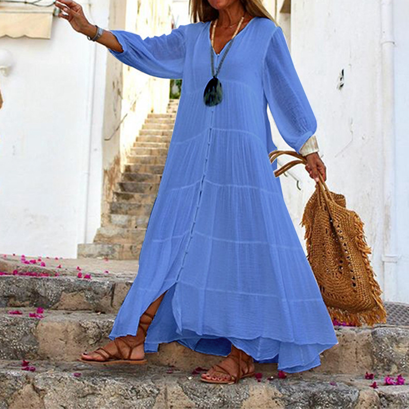 Mature Women Autumn Bohemian Solid Color And V-neck Loose Long Sleeve Cotton And Linen Dress