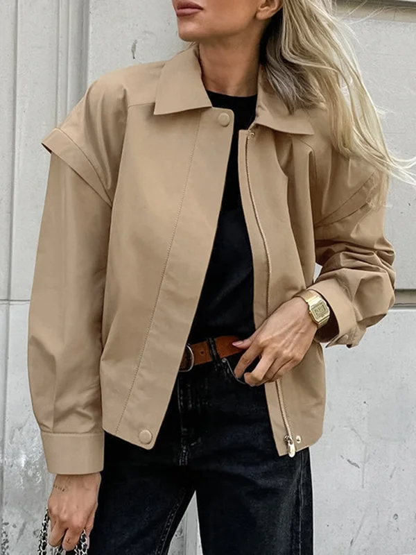 Buttoned Elasticity Solid Color Zipper Long Sleeves Loose Lapel Outerwear Jackets