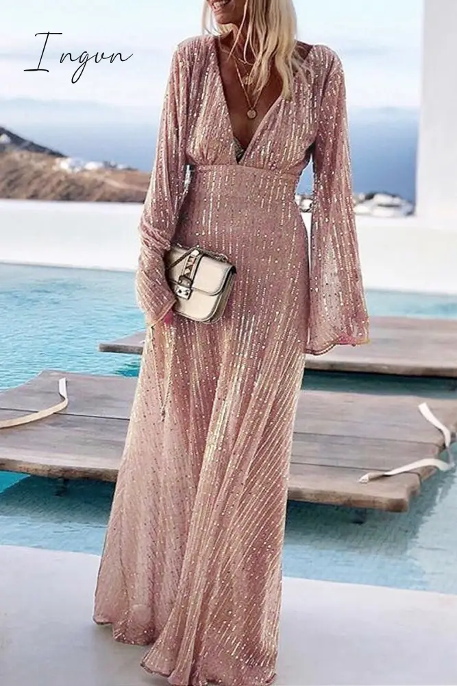 Ingvn - Party Solid Sequins V Neck Evening Dress Dresses Pink / S Dresses/Casual
