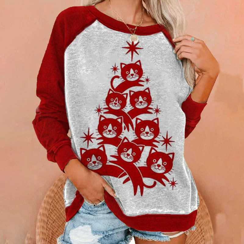 Casual Christmas Cat Tree Print Sweatshirt