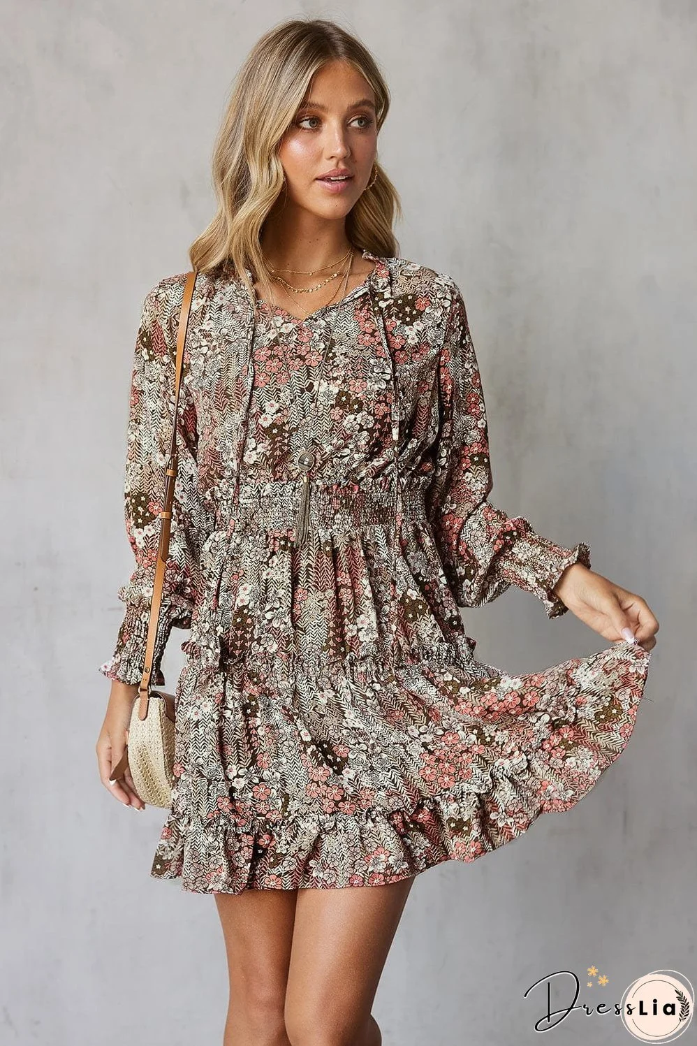 Floral Smocked Tie-Neck Frill Trim Dress