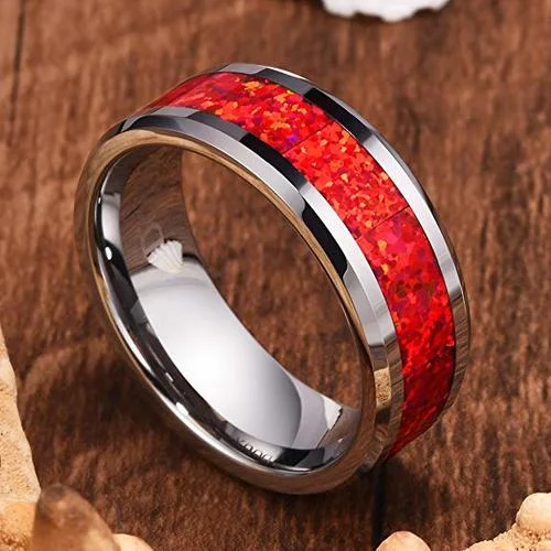 6MM 8MM Women's Or Men's Red Opal Inlay Mens Tungsten Carbide Wedding Matching Rings with Silver Tone Comfort Fit High Polished
