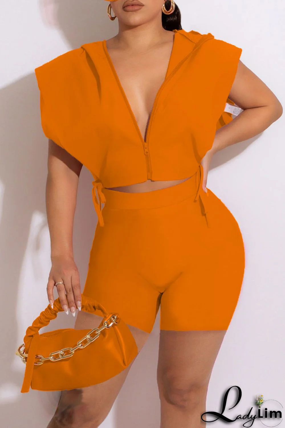 Rose Red Sexy Solid Split Joint Zipper Hooded Collar Sleeveless Two Pieces