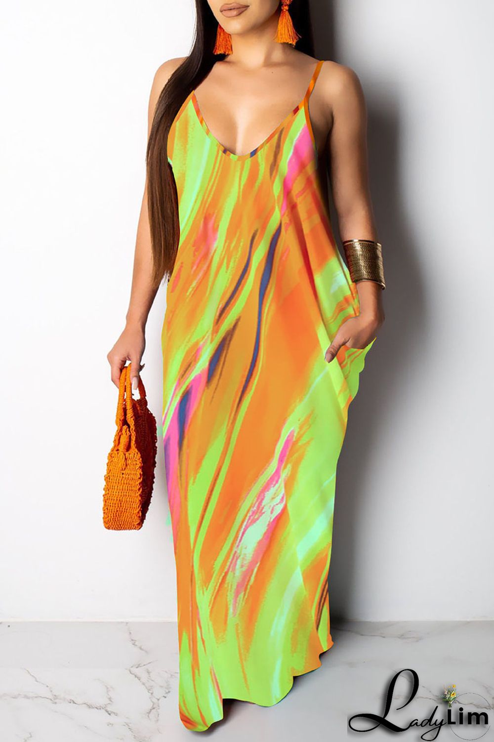 Yellow Sexy Print Patchwork Spaghetti Strap Sling Dress Dresses