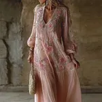 Boho Pink Roses Floral Embroidered Flowy Tiered Linen Maxi Dress - Image 2
