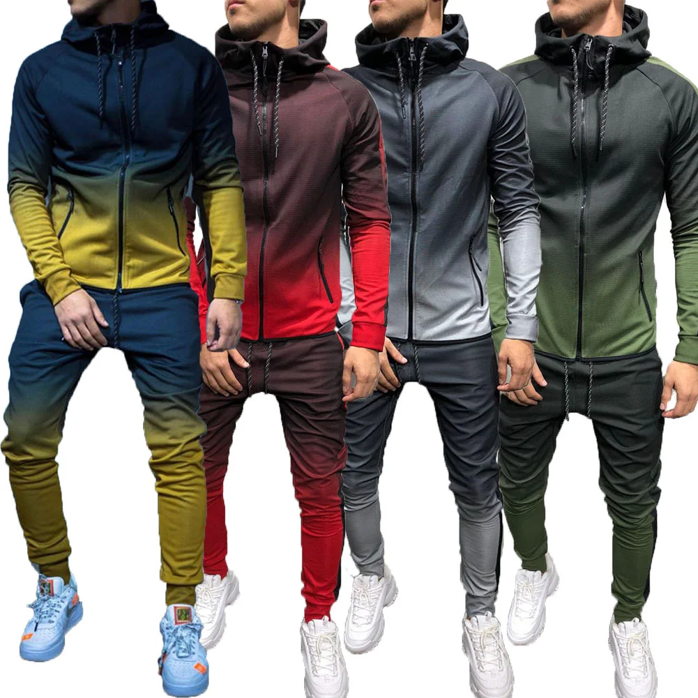 Wongn Men Fall 2pcs Turtleneck Gradual Change Color Tracksuit Set Hoodie Top High Waist Bottoms Joggers Gym Plain Zip Pockets Slim Fit