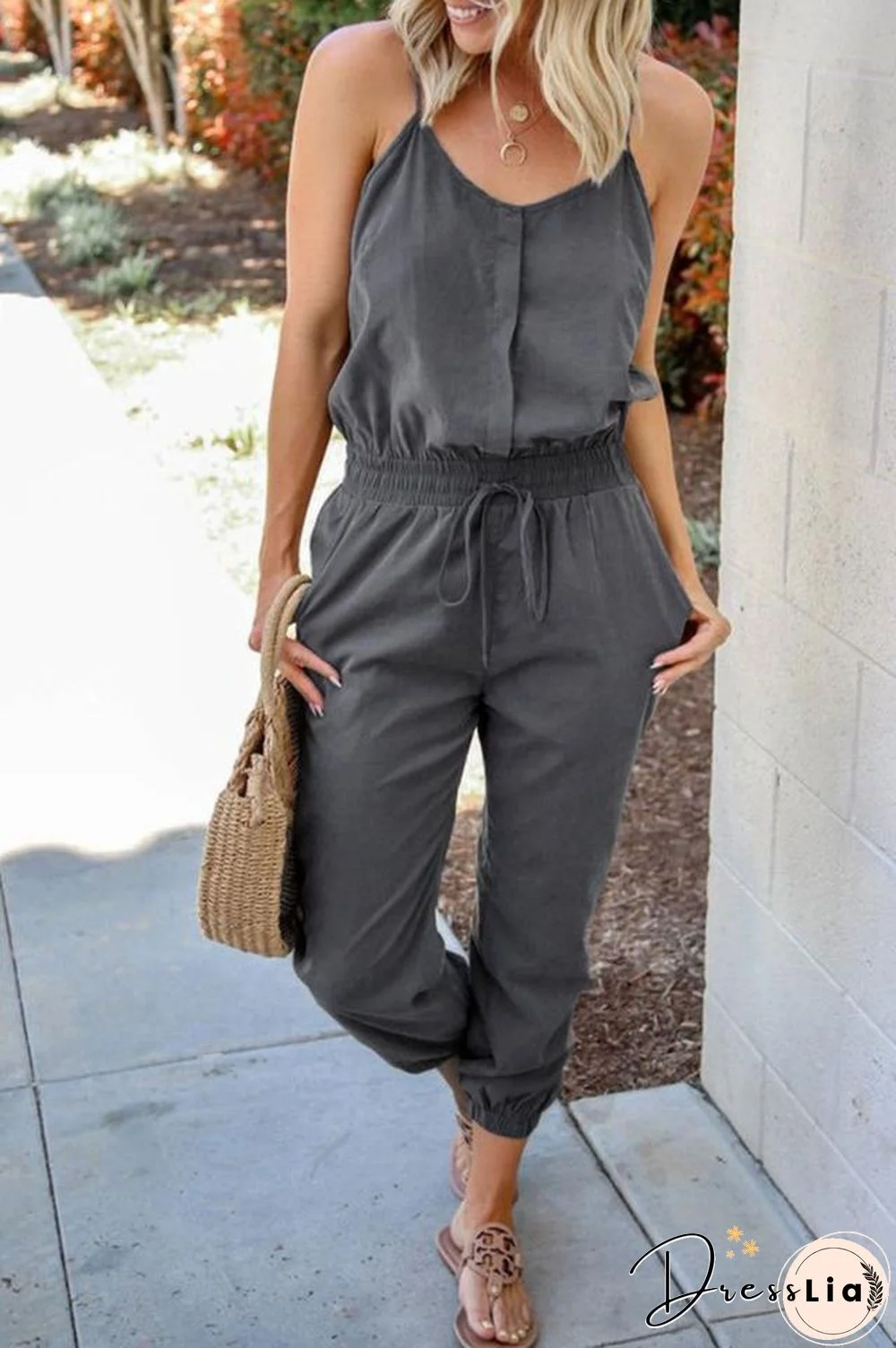 Spaghetti Straps Drawstring Waist Pocket Jumpsuit