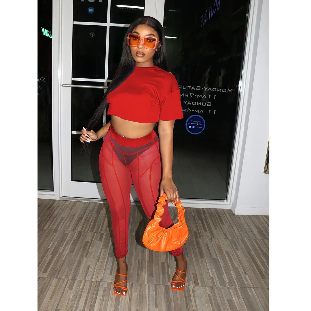 CM.YAYA Beach Sexy Women 2pcs Set Short Sleeve Tee Mesh See Though Leggings Set Sweatsuit Tracksuit Two Piece Set Outfits 2022