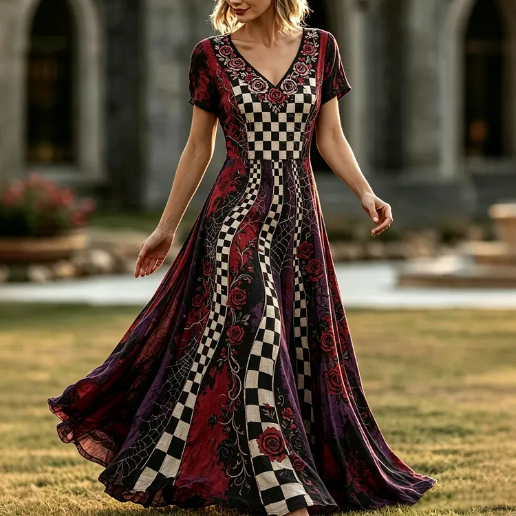Women's Retro Halloween Plaid Floral Print V-neck Dress