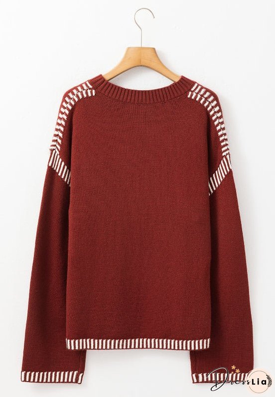 Striped Detail Round Neck Dropped Shoulder Sweater