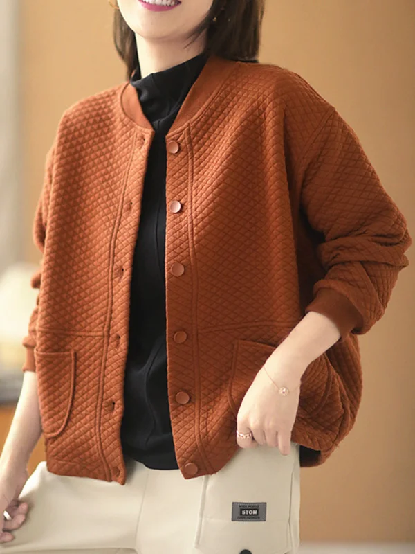 Artistic Retro Loose Long Sleeves Buttoned Solid Color Stand Collar Outerwear