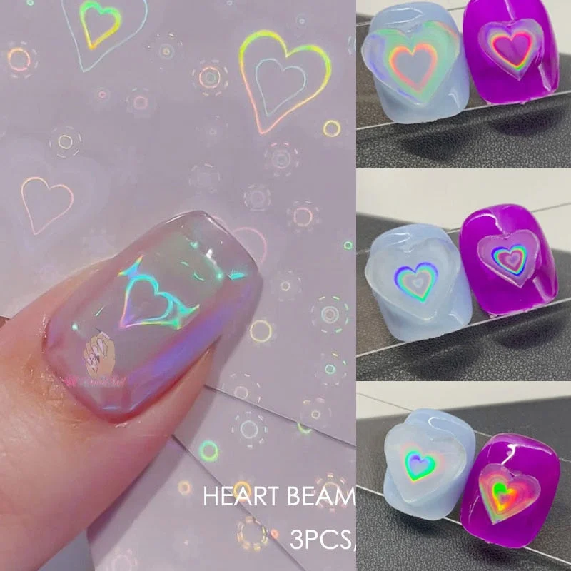Japanese Holo Nail Art Stickers Holographic Heart Nail Decals Self-Adhesive Korean Trend Transfer Decal Foil Decoration Manicure-Nail Inspo