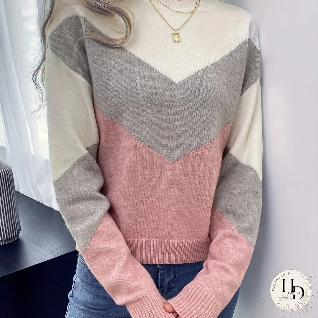 Color Block Crew Neck Sweater, Casual Long Sleeve Sweater For Fall & Winter, Women's Clothing