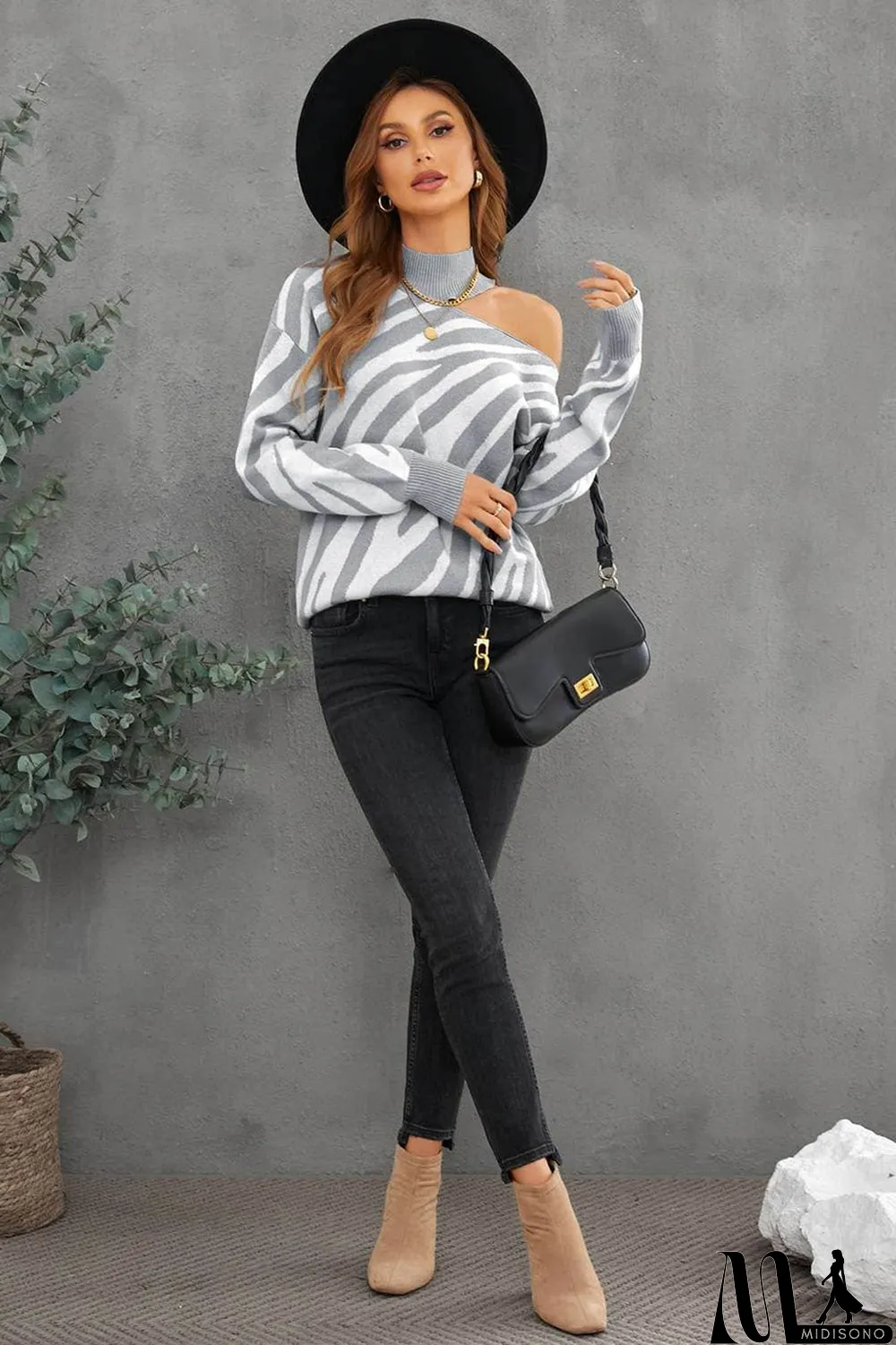 MidiSono - Gray Zebra Print Mock Neck Cold Shoulder Sweater