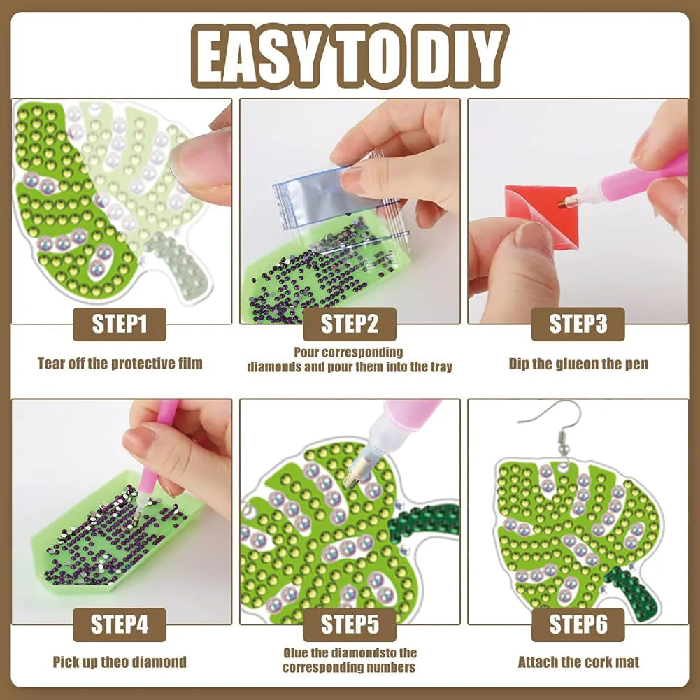 12 Pairs Leaves DIY Diamond Art Earrings Double Sided Diamond Painting Earrings