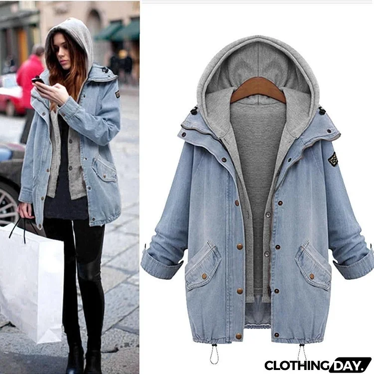 Women's Patchwork Hooded Denim Jacket For Winter