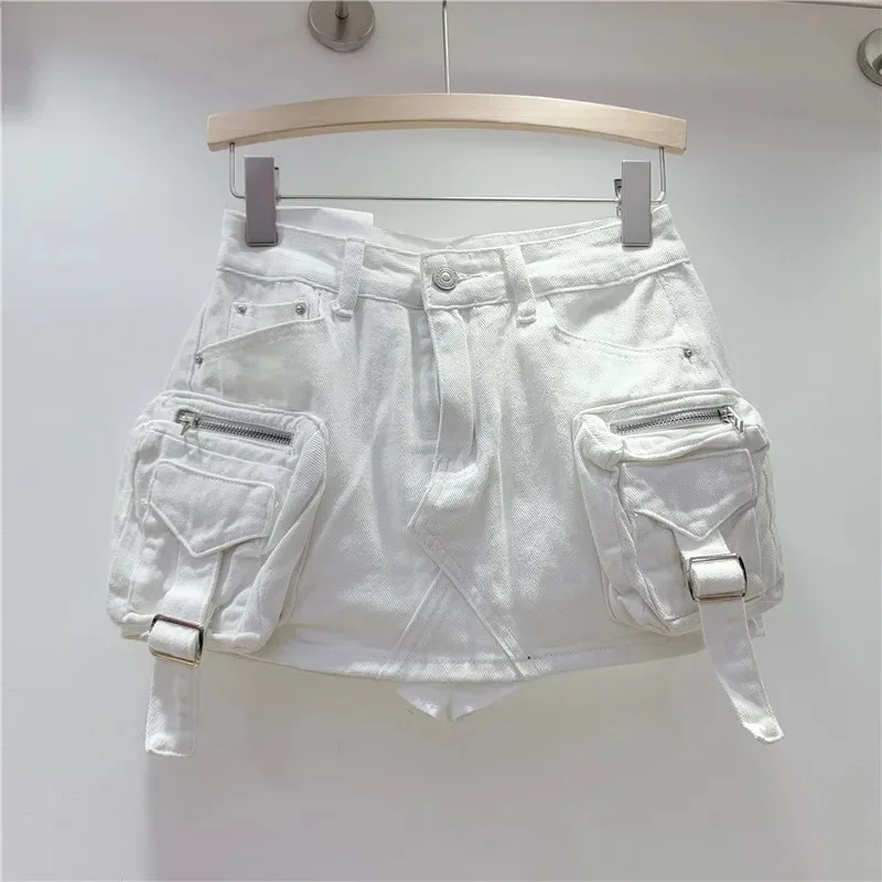 Wongn Women's Denim Skirt Solid Color High Waist Wrap Hip 3d Pockets A-line Short Cargo Miniskirt 2024 Summer New Fashion 29L6720