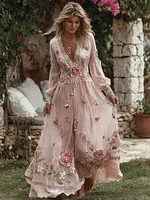 Women's Vintage Boho Roses Lace Art Flowy Linen Maxi Dress