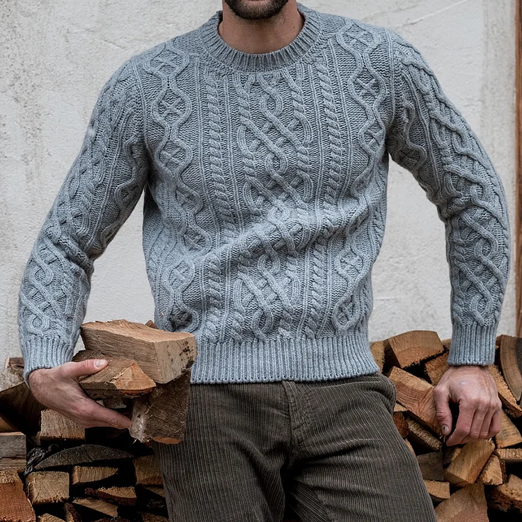 Men'S Retro Aran Knitted Art Crew Neck Cozy Knit Sweater