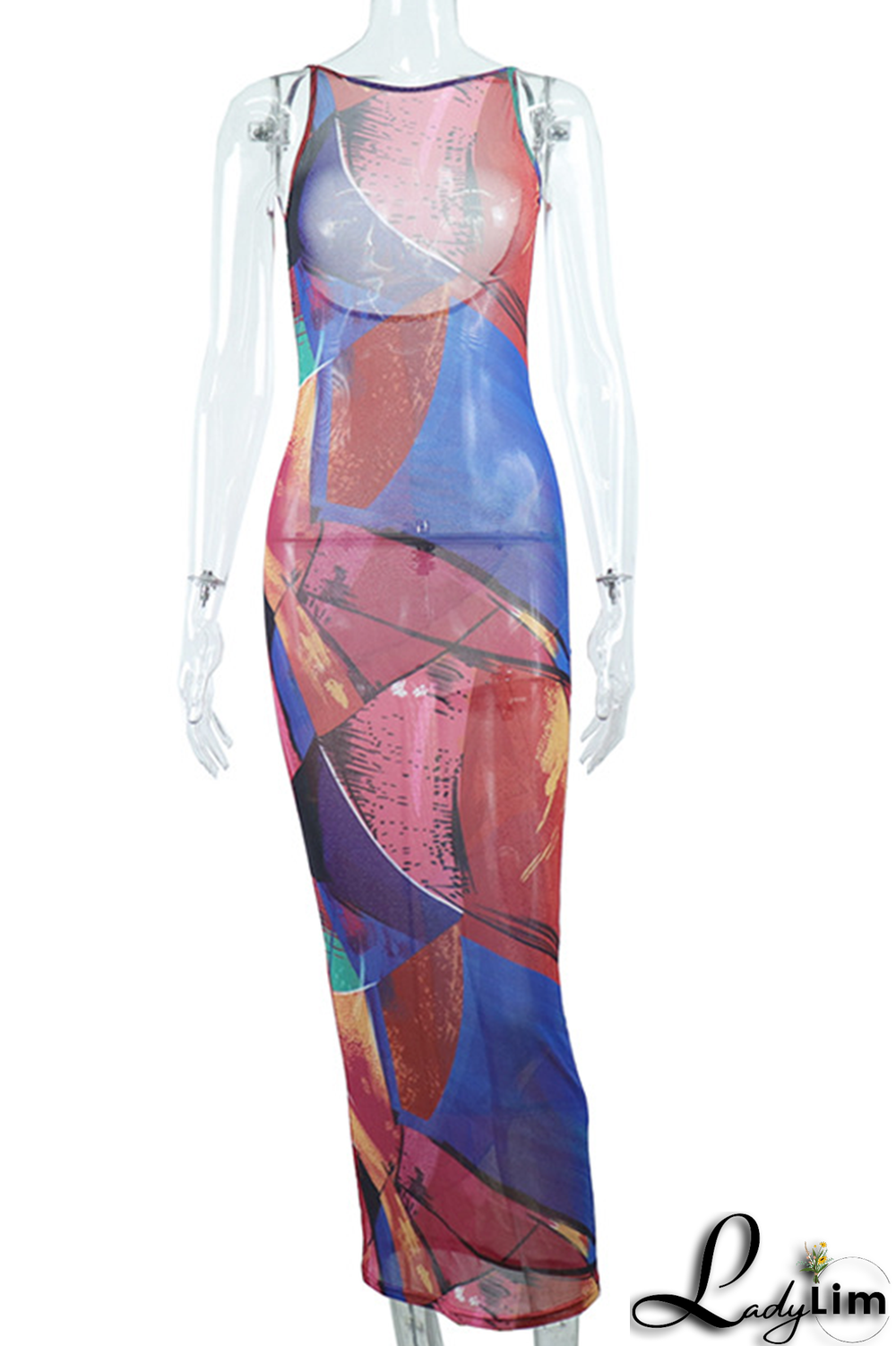 Rose Red Sexy Print Mesh O Neck Pencil Skirt Dresses