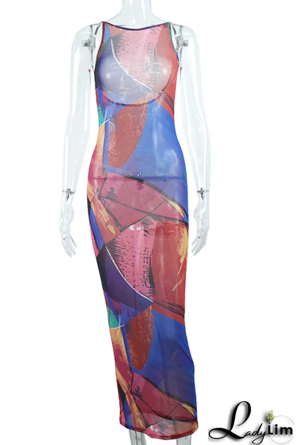 Rose Red Sexy Print Mesh O Neck Pencil Skirt Dresses