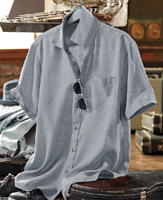 Casual Plain Lapel Collar Short Sleeve Button Chest Pocket Shirt 