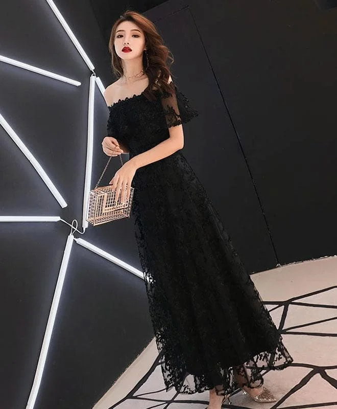 Black Lace Tea Length Prom Dress, Black Lace Evening Dress