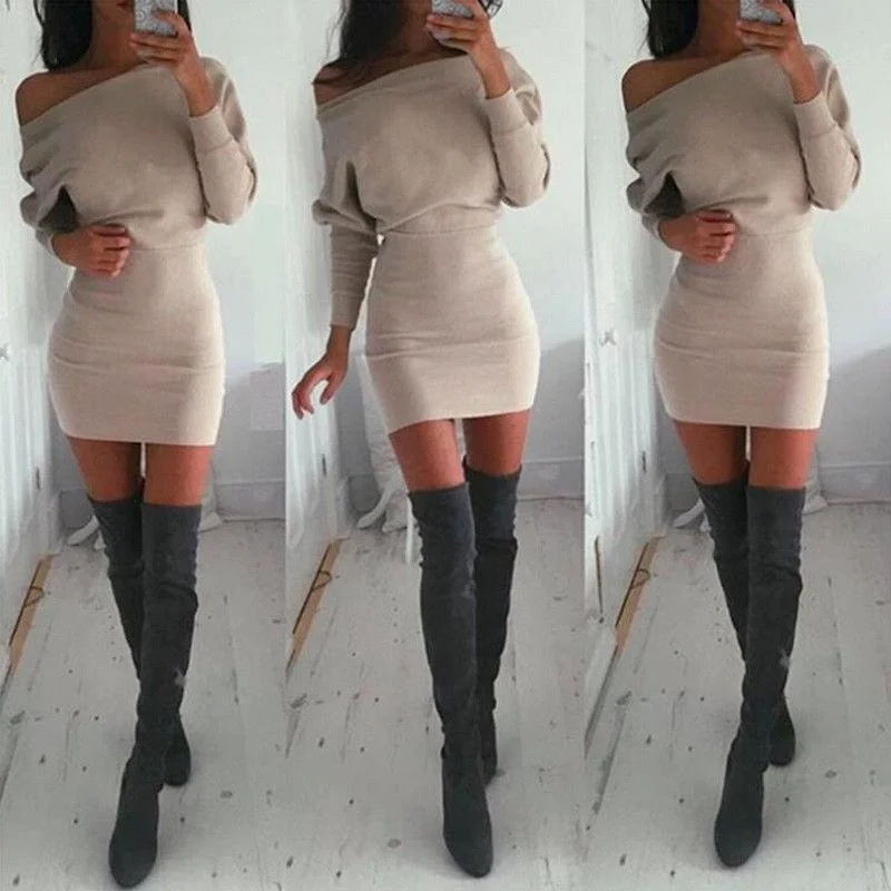 Off Shoulder Long Sleeve Cocktail Party Bodycon Casual Short Mini Cotton Dress
