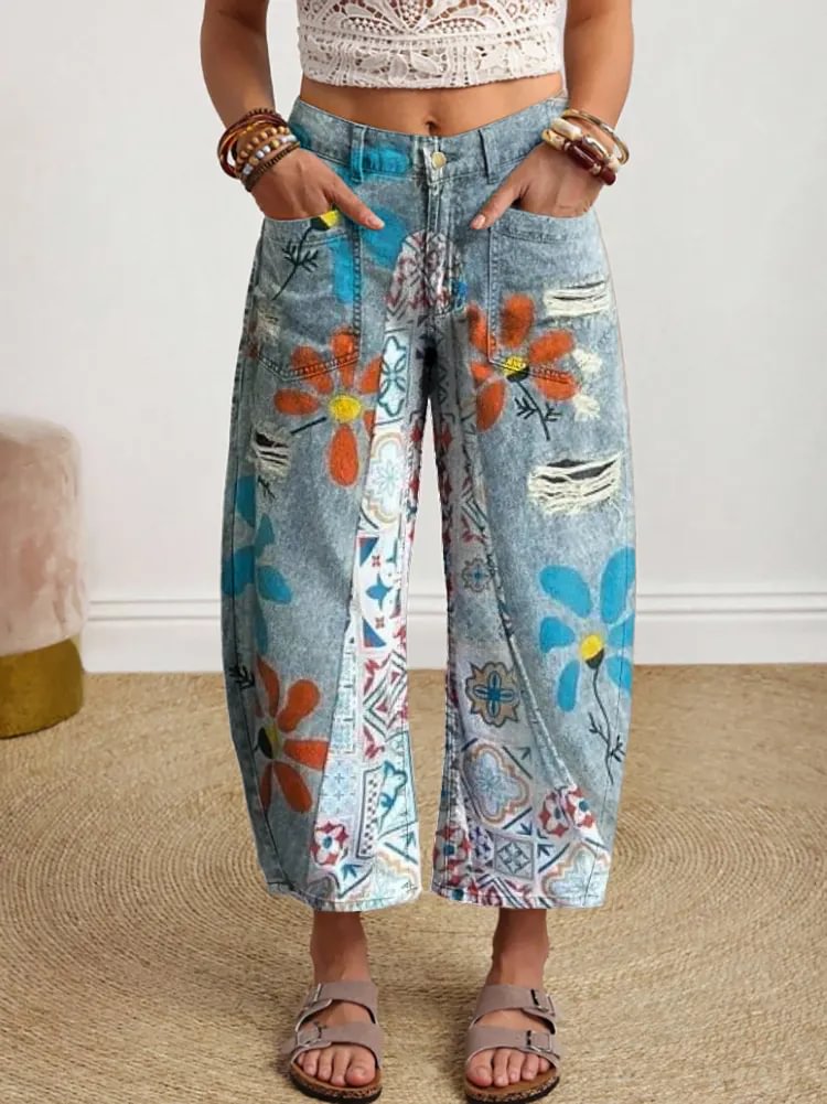 Women's Vintage-style Patchwork Floral Art Print Casual Cotton Trousers With Pockets.