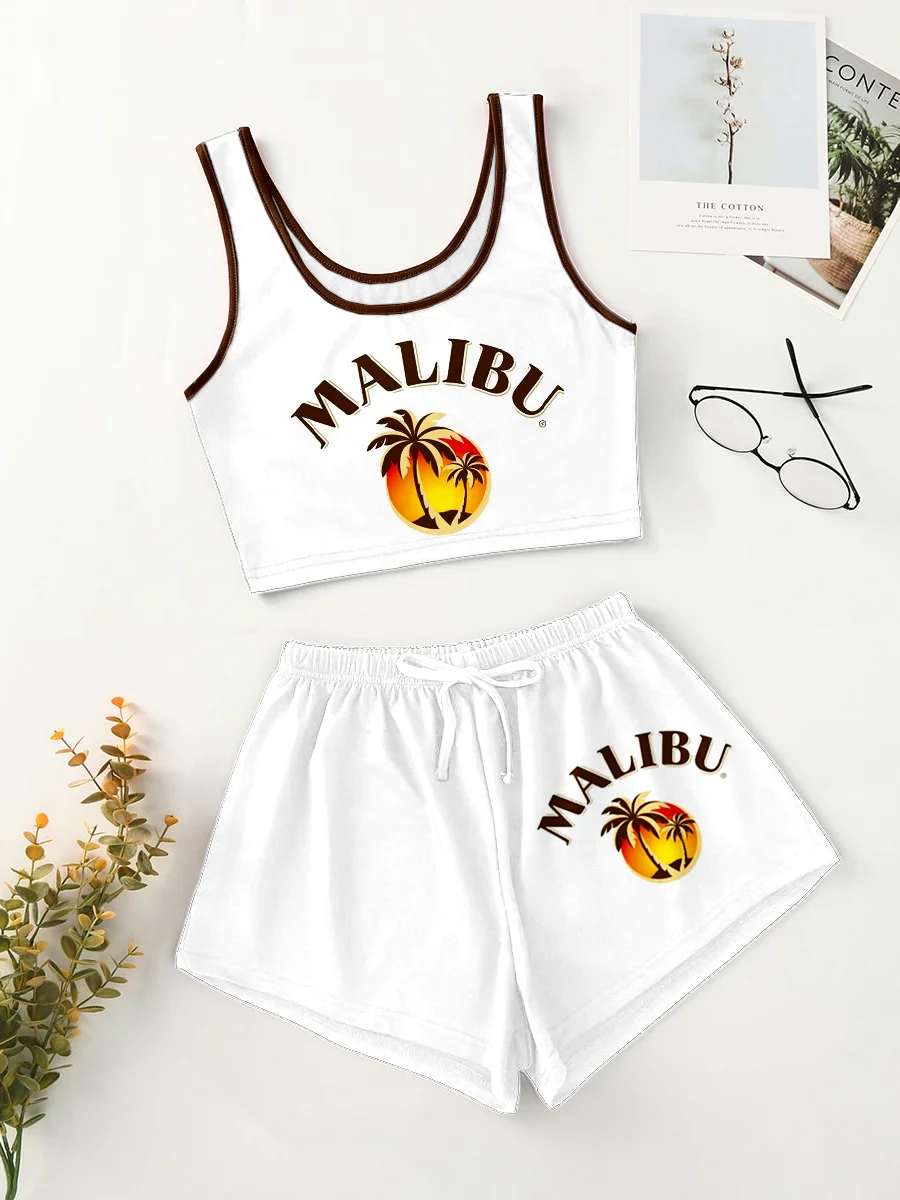 Sports White Contrasting Color Printing Two-piece Set