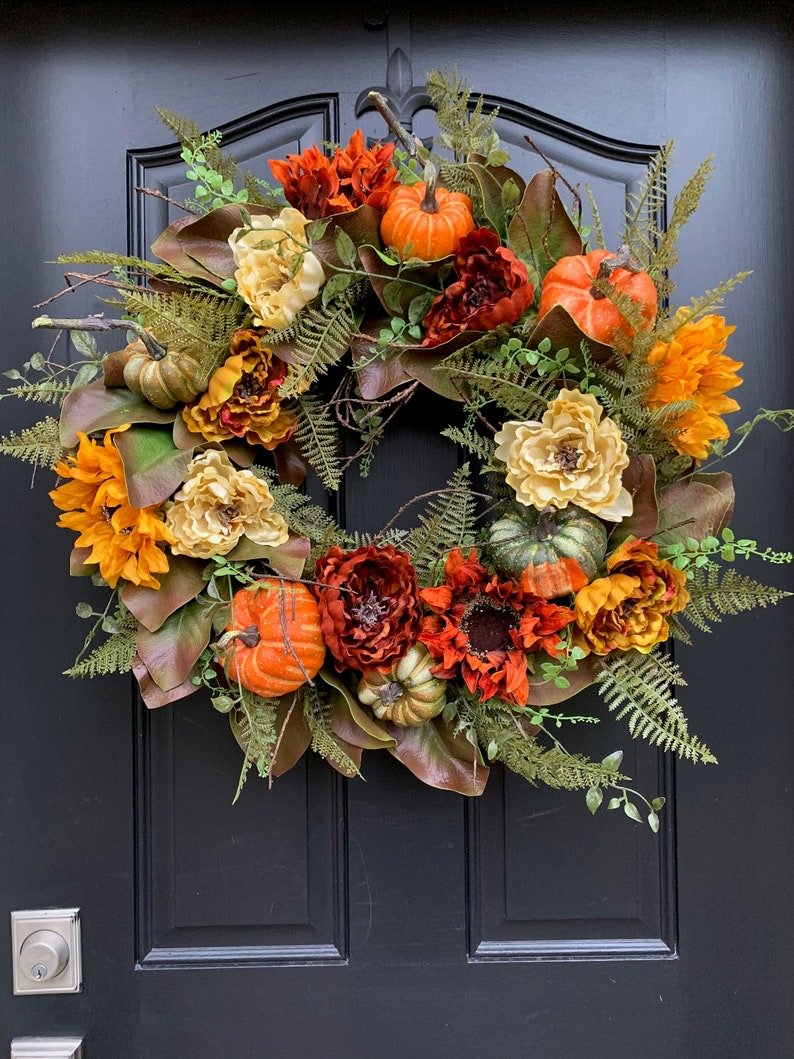 Sunflower front door wreath for fall and Thanksgiving