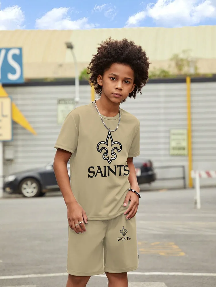 New Orleans Saints New Design Kids（5-14Y)' Casual Crew Neck T-shirt And Drawstring Shorts  2pcs/Set
