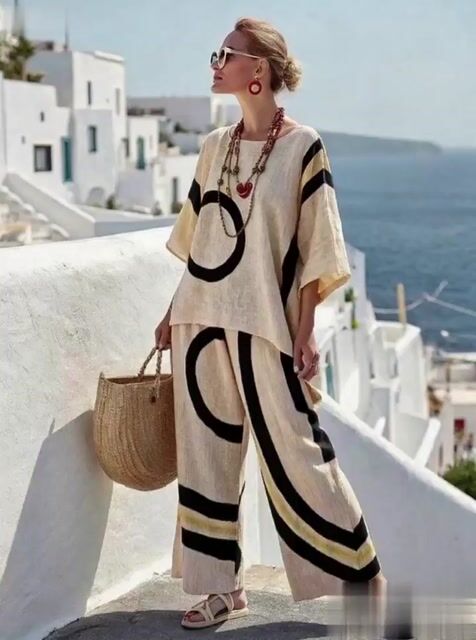 Women'S Loose Printed Wide Leg Pants Set