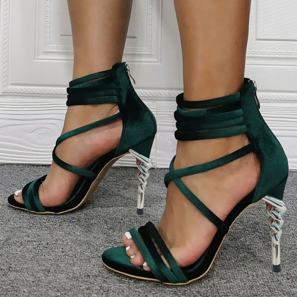 Dark Green Velvet Strappy Sandal Heels Zipper Evening Shoes Nicepairs