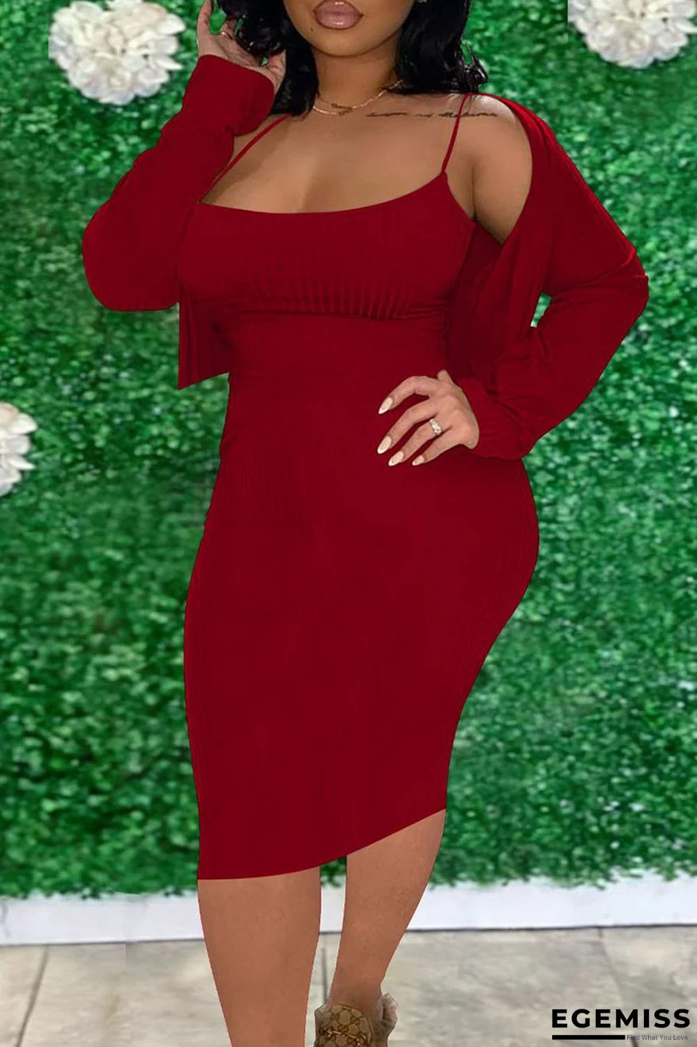 Red Casual Solid Patchwork Spaghetti Strap Long Sleeve Two Pieces | EGEMISS