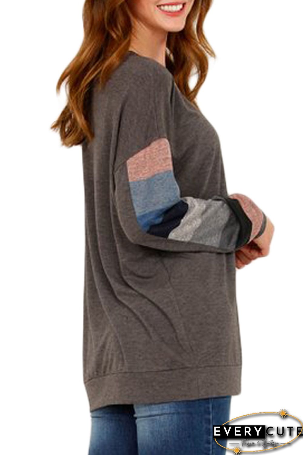 Multicolor Striped Contrast Sleeve Brown Sweatshirt