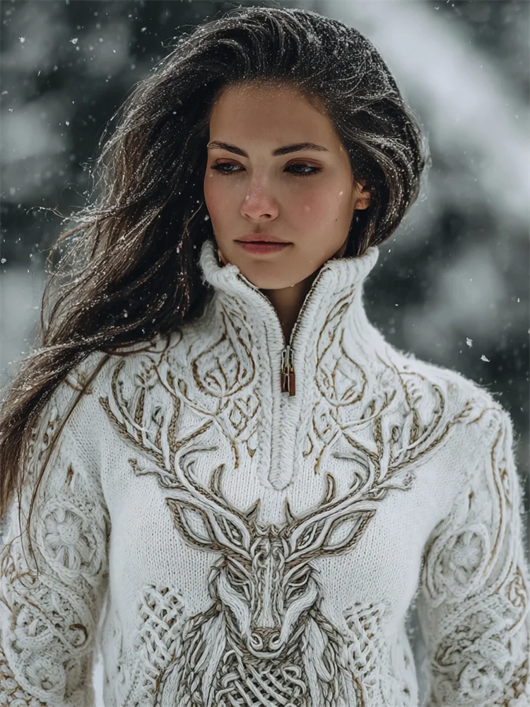 Classy Deer Viking Celtic Knot Zip Up Chunky Sweater