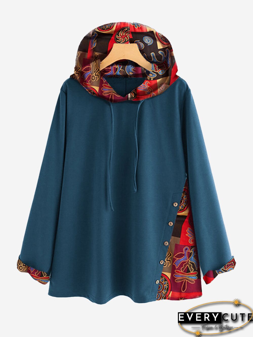 Vintage Patch Side Button Long Sleeve Overhead Hoodies