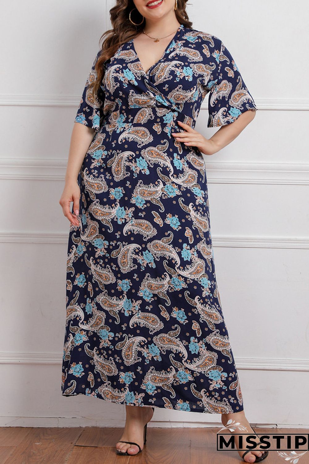 Deep Blue Fashion Casual Plus Size Print Patchwork V Neck Short Sleeve Dress