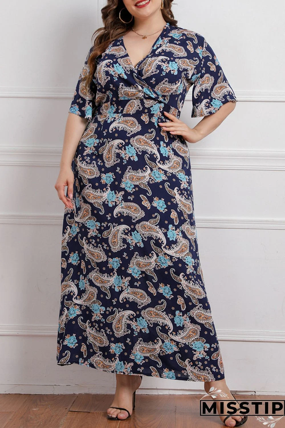Deep Blue Fashion Casual Plus Size Print Patchwork V Neck Short Sleeve Dress
