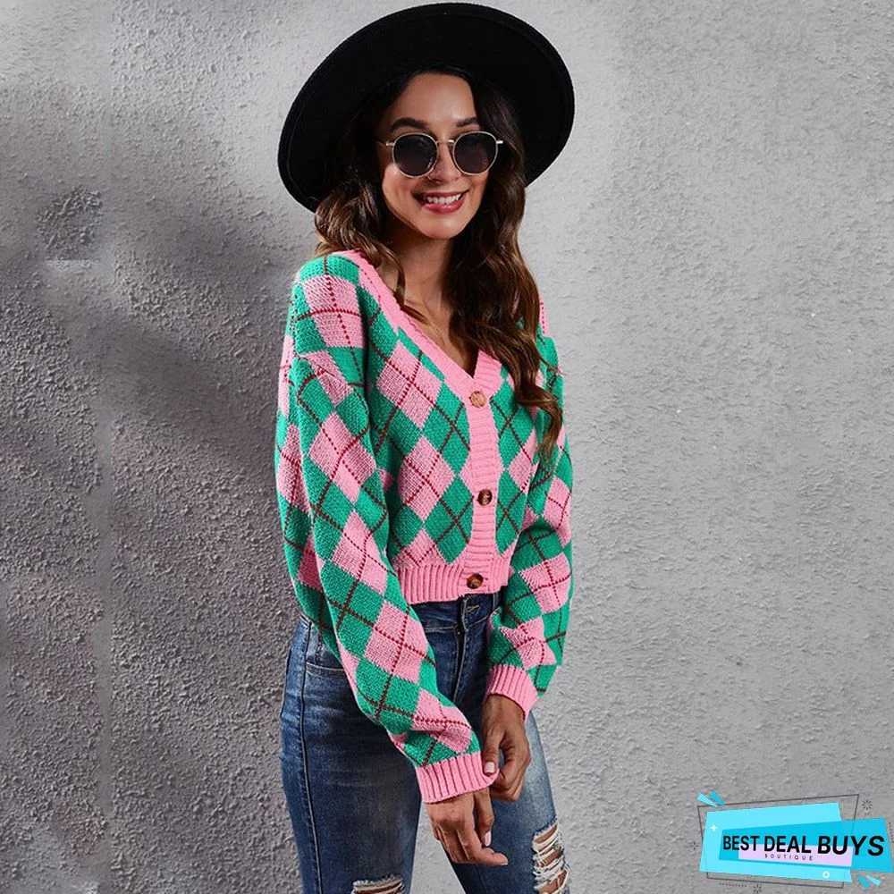 Rhombus Color Matching Diamond Loose Knit Cardigan Short Sweater