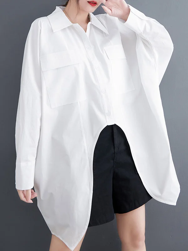 Casual Long Sleeves Irregularity Buttoned Solid Color Lapel Collar Blouses&Shirts Tops