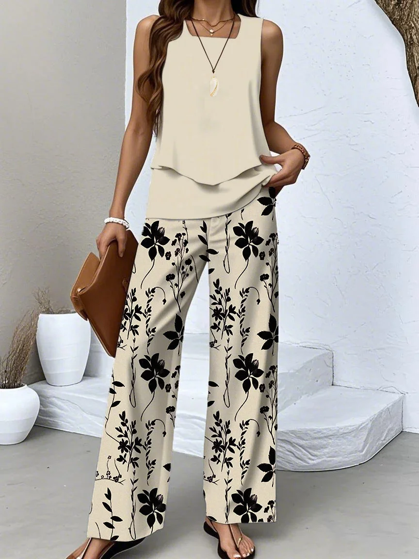 Women's Sleeveless Square Collar Floral Printed Casual Set
