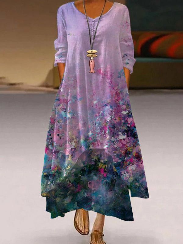 Round Neck Long Sleeve Mixed Color Oil Painting Printed Dress