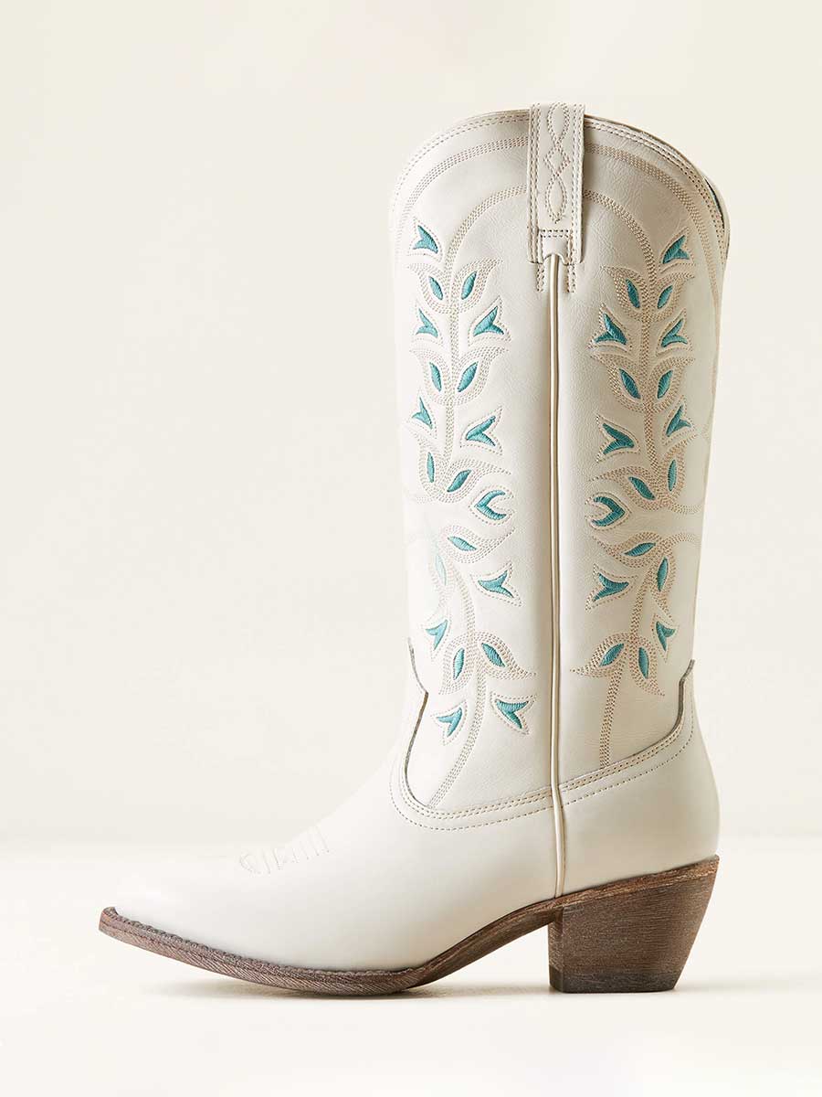 White Almond Toe Floral Embroidered Inlay Mid-Calf Cowgirl Boots