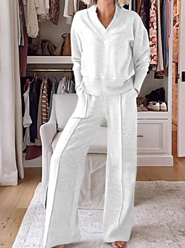 Casual V-Neck Long Sleeve Top & Wide Leg Pants Two Piece Set